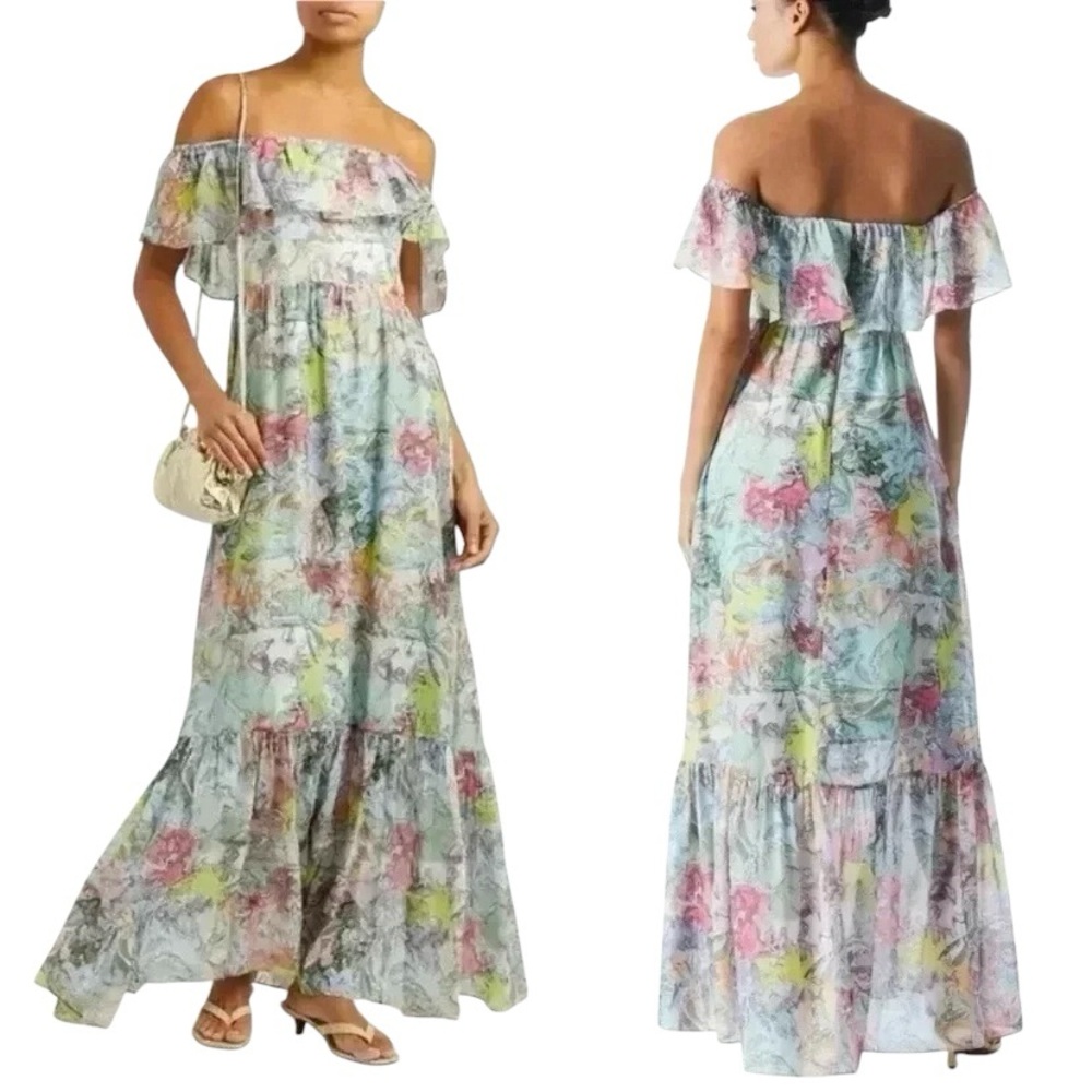 NWT Alice + Olivia Ruffled Off Shoulder Maxi Dress - Multi Print Boho Maxi Dress - Picture 4 of 15